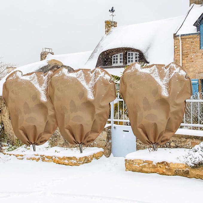 4 Pcs Winter Plant Covers Freeze Protection Reusable Plant Protector Bag with Drawstring Warm Shrubs Cover Frost Protection Planting Jacket Bags for Outdoor Garden, Brown (90.6 x 74.8 Inch)