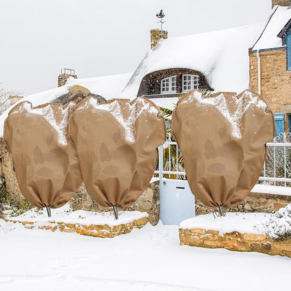 4 Pcs Winter Plant Covers Freeze Protection Reusable Plant Protector Bag with Drawstring Warm Shrubs Cover Frost Protection Planting Jacket Bags for Outdoor Garden, Brown (63 x 70.9 Inch)