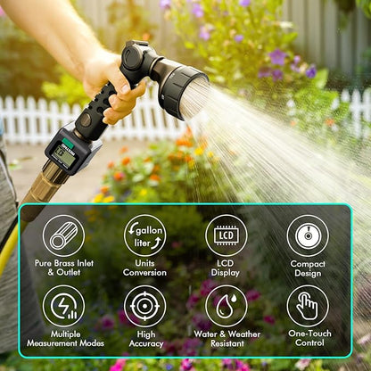 RESTMO Water Flow Meter with Brass Inlet & Outlet, Measure Gallon/Liter Consumption and Flow Rate for Outdoor Garden Hose Watering, RV Water Tank Filling, Lawn Sprinkler and Nozzle Sprayer