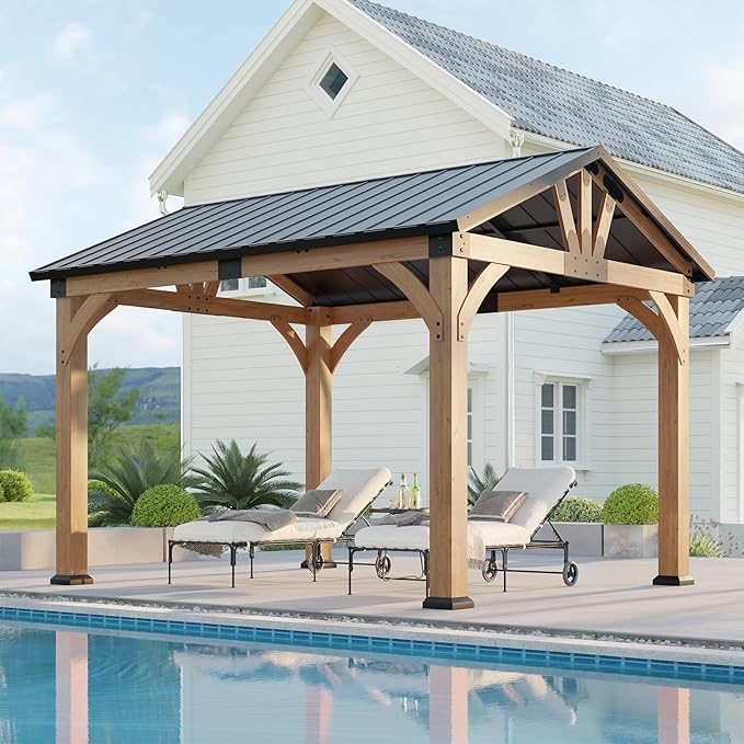 10x12 ft Wood Gazebo, Hardtop Gazebo with Galvanized Steel Peak Roof, Outdoor Pavilion for Snow Support, Wind Resistance, UV Protection, Shade for Garden, Patio, Deck