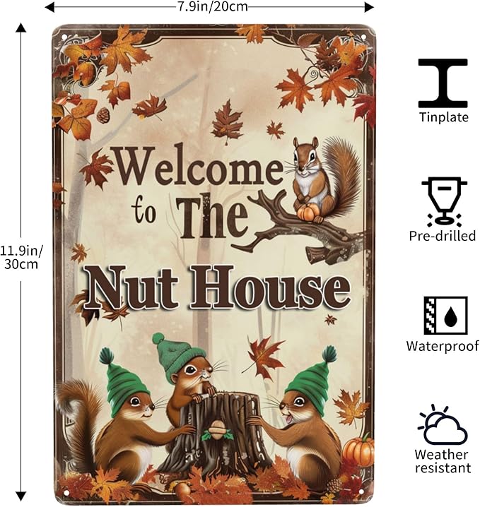 Funny Squirrels Signs Welcome To The Nut House Squirrels Stuff For Indoor Outdoor Decor 12x8 Inches (Yellow)