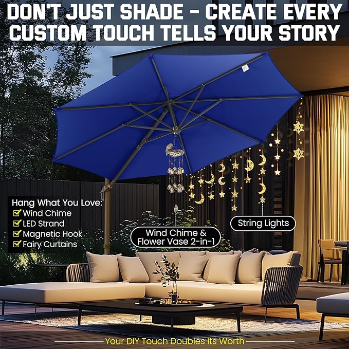 Hotime 10ft Patio Umbrella Outdoor Patio Windproof and Height adjustable, Heavy Duty Aluminum Round Offset Patio Umbrella Cantilever Pool Umbrella with 360°Rotation for Garden Deck Pool, Dark Blue