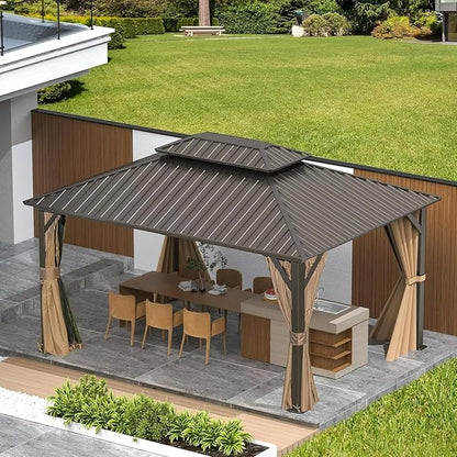 Domi 12'x14' Hardtop Gazebo Canopy Metal,Outdoor Metal Gazebo with Galvanized Steel Double Roof,Curtain and Netting,Permanent Gazebo Pavilion for Patio Deck,Backyard