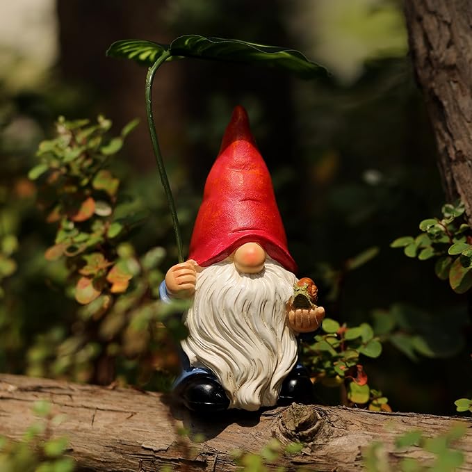 Garden Gnome Statue Decoration with Leaf Umbrella, 6.5” Figurine Ornament for Indoor Outdoor Home Patio Yard Lawn, for Gnome Lovers & Garden Enthusiasts，Mom，Women