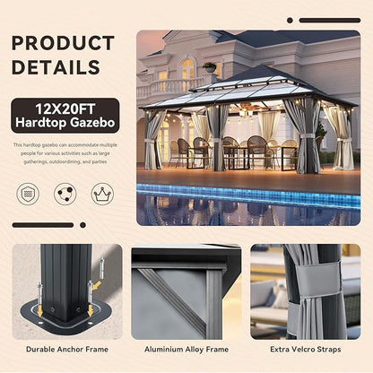 Aoxun 12'x20' Hardtop Gazebo, Aluminum Frame Permanent Pavilion with Curtains and Netting, Outdoor Polycarbonate Double Roof Canopy, Designed for Patio, Garden, Lawns (Gray)