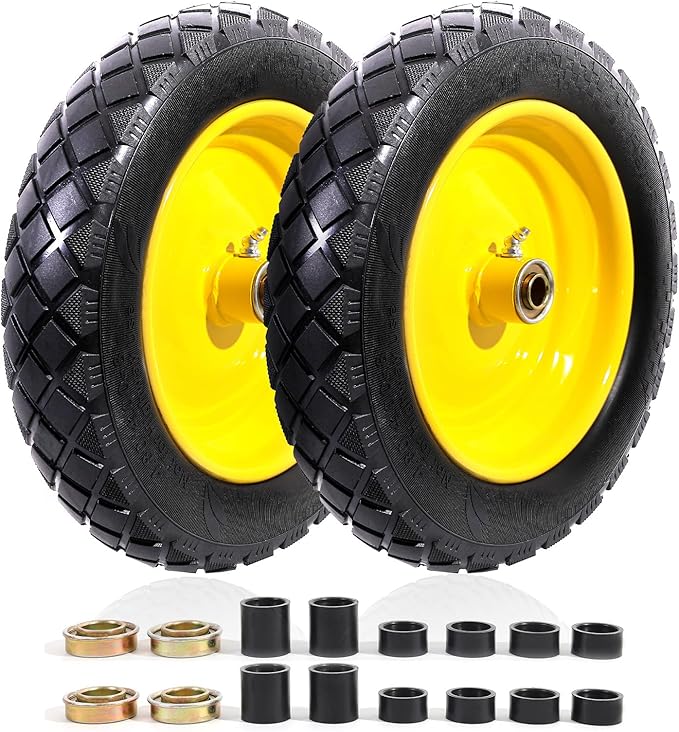 MZREXN 4.80/4.00-8" Flat Free Tire and Wheel 15" Solid Wheelbarrow Tires 3.00-4.00/4.80-8" with 5/8" & 3/4" Bearings, 3" Centered Hub for Hand Truck Garden Trailers Utility Cart Yard Wagon 2PCS Yellow
