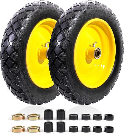 MZREXN 4.80/4.00-8" Flat Free Tire and Wheel 15" Solid Wheelbarrow Tires 3.00-4.00/4.80-8" with 5/8" & 3/4" Bearings, 3" Centered Hub for Hand Truck Garden Trailers Utility Cart Yard Wagon 2PCS Yellow