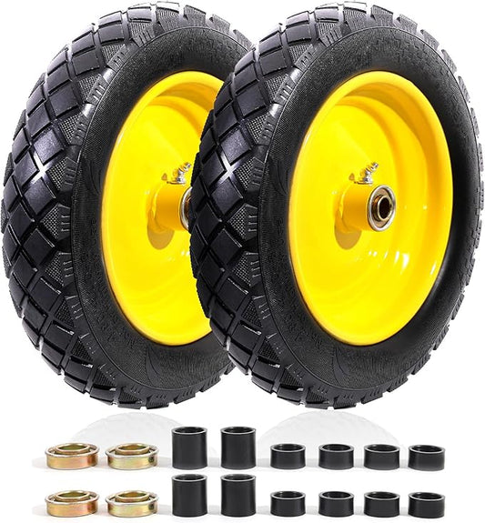 MZREXN 4.80/4.00-8" Flat Free Tire and Wheel 15" Solid Wheelbarrow Tires 3.00-4.00/4.80-8" with 5/8" & 3/4" Bearings, 3" Centered Hub for Hand Truck Garden Trailers Utility Cart Yard Wagon 2PCS Yellow