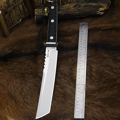 BA-KOR 15.8in Full Tang Japanese Style Outdoor Knife –8mm DC53 Steel, Nylon Fiber Handle &Sheath, Hunting Survival Knife+(5.9in) cerium igniter (Black handle and white blade (8mm))