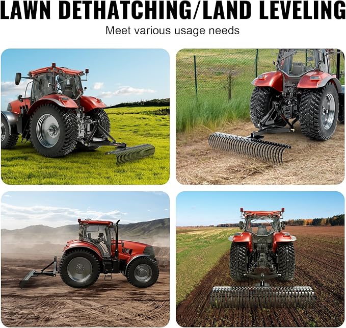 VEVOR Tow Behind Dethatcher, 60-inch Tow Dethatcher with 32 Steel Tines, 3-Point Lawn Dethatcher Rake with Attachments for Tractor, Landscape Rake for Garden, Farm, Grass