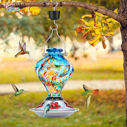 Hummingbird Feeder, BOLITE Glass Hummingbird Feeders for Outdoors Hanging, Hand Blown Twisted with Ant Moat and Five Feeding Ports, 24 Ounces, Leak Proof, Blue, Gifts for Women Men, Gifts for Mom Dad