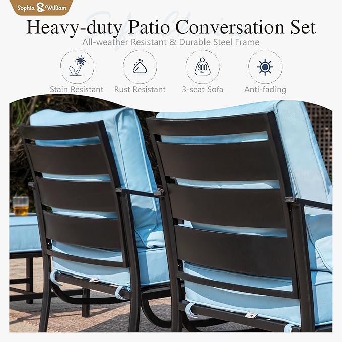 Sophia & William Patio Furniture Sets for 7 Outdoor Conversation Set 7 Pcs with 2 x Swivel Sofa Chairs, 2 x Armrest Chairs, 1 x 3-Seat Sofa, 2 x Ottomans for Coffee Garden Backyard Poolside Blue