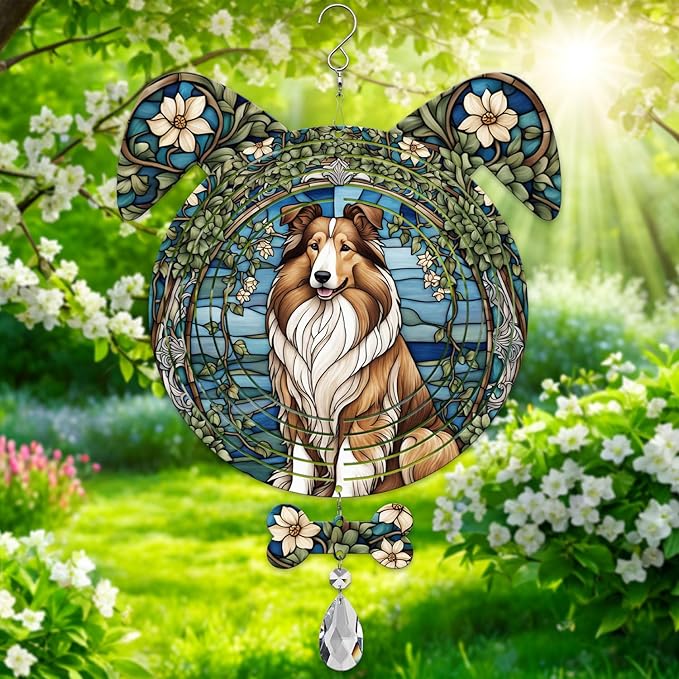Rough Collie Dog Ears Wind Spinner, Rough Collie Wind Spinner Hanging for Yard and Garden V02