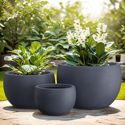 Kante 19.9",15.7",11.8" Dia Round Concrete Planter Set of 3, Outdoor/Indoor Large Bowl Plant Pots with Drainage Hole and Rubber Plug for Garden Patio Balcony Home, Dark Gray