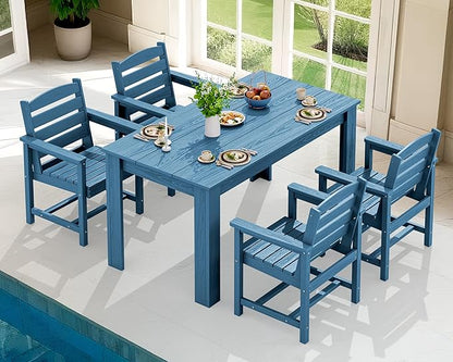 SERWALL HDPE Dining Set for 4, Outdoor Dining Sets for 4 Person with 1 Umbrella Hole Cut-Out Rectangular Table and 4 Chairs, Patio Dining Sets Blue