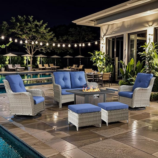 6 Pieces Patio Furniture Set with Fire Pit Table, Wicker Rattan Outdoor Furniture Set with Loveseat and Swivel Chairs for Yard, Deck, Garden, Light Beige Wicker/Blue Cushion