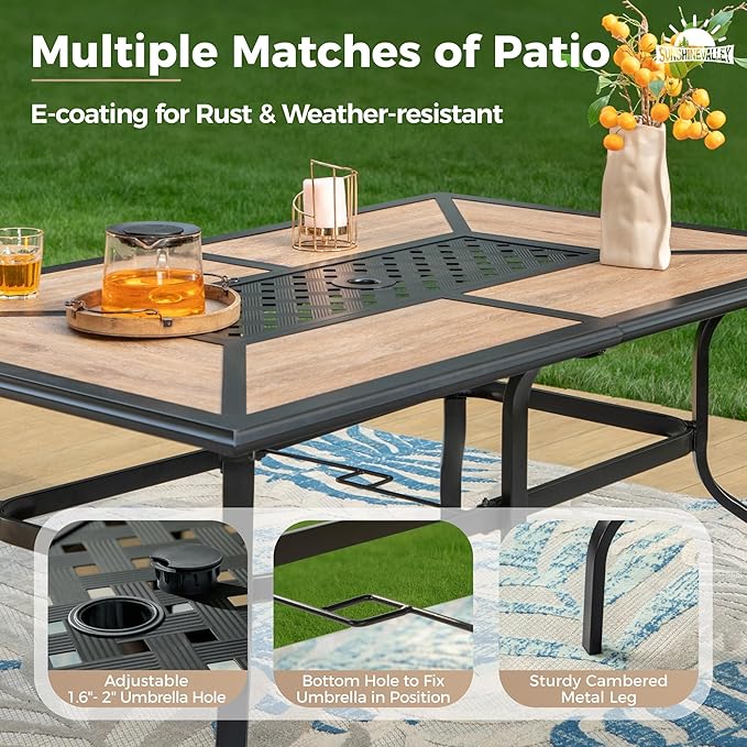 7 Pcs Patio Dining Set for 6, Rectangular Metal Dining Table (PVC Table Top) with Umbrella Hole and 6 Chairs, Outdoor Dining Set for Lawn Garden Deck, Red