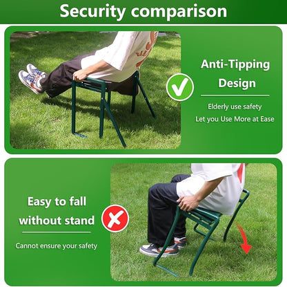 Heavy Duty Garden Kneeler and Seat for Elderly, 400lbs Capacity Foldable Gardening Stool with Support Legs & Thick Pad, Includes Large Tool Organizer Bag, Green