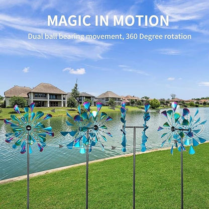 DECOROCA Kinetic Wind Spinners Outdoor - Large Metal Wind Sculptures & Spinners for Yard Patio Lawn Garden Decorations, Windmill Outdoor Clearance with Stable Metal Stake(Peacock-Blue)