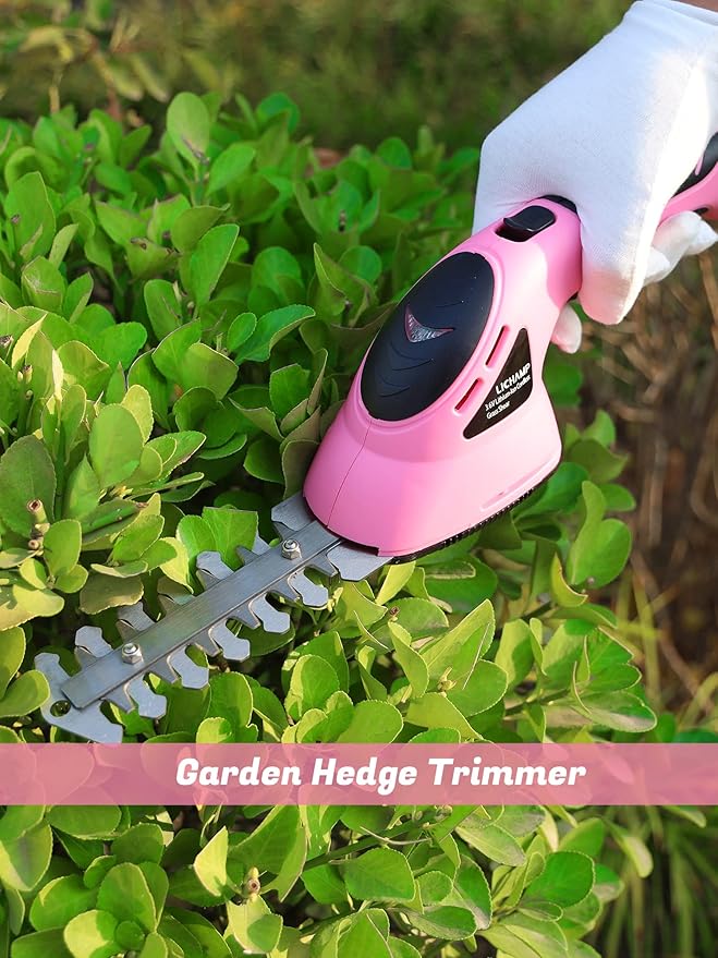Lichamp 2-in-1 Electric Hand Held Grass Shear Pink Hedge Trimmer Shrubbery Clipper Cordless Battery Powered Rechargeable for Garden and Lawn, CGS3602PK Pink