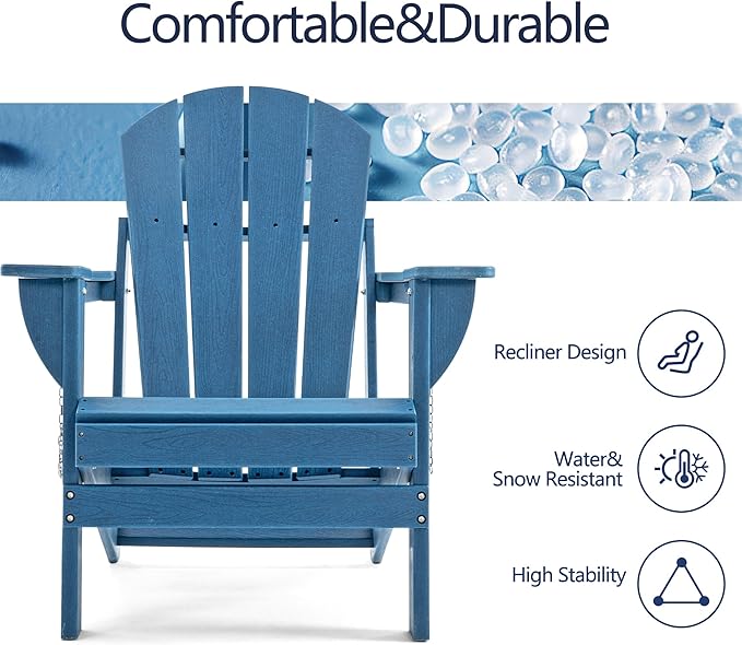 Folding Adirondack Chair, HDPE Outdoor Texture Lawn Chair with Reclining Back, Cup and Phone Holder - Comfortable Firepit Chair Weather Resistant for Patio or Backyard (Blue, Set of 1)
