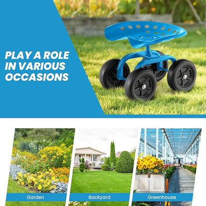 Rolling Garden Seat, Garden Cart with 360° Swivel Work Seat & Adjustable Height, Heavy Duty Garden Seat with Wheels for Lawn Yard Patio Greenhouse Planting Cleaning (Blue)