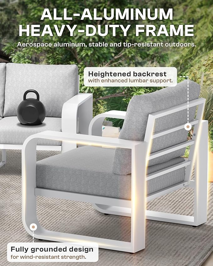 Aluminum Outdoor Patio Furniture Set 5 Piece, Oversized Patio Conversation Sets Widened Armrest & Ultra-Thick Cushions, Deep Seating Modern Sectional Furniture for Backyard, Porch, White