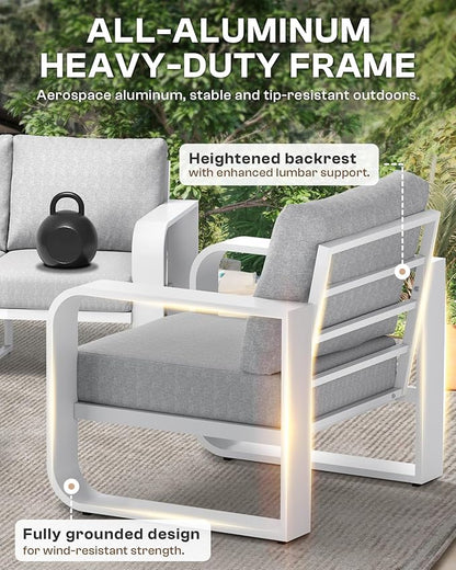 Aluminum Outdoor Patio Furniture Set 5 Piece, Oversized Patio Conversation Sets Widened Armrest & Ultra-Thick Cushions, Deep Seating Modern Sectional Furniture for Backyard, Porch, White