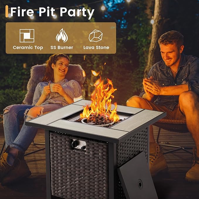 HOOOWOOO Patio Furniture Set,7 Piece Outdoor Furniture Set with Fire Pit Table,Wicker Patio Conversation Couch Swivel Chairs Ottoman Set,Orange Red