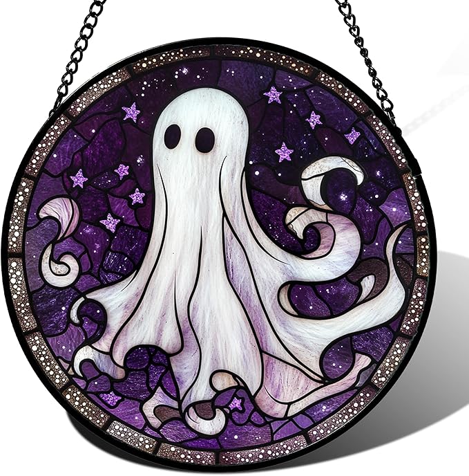 Stained Glass Window Hanging - Halloween Decorations White Ghost Purple Stars Suncatcher for Doors Garden Spooky Funny Sun Catchers Gothic Decor Horror Gifts for Women Men Friend 6.3 in