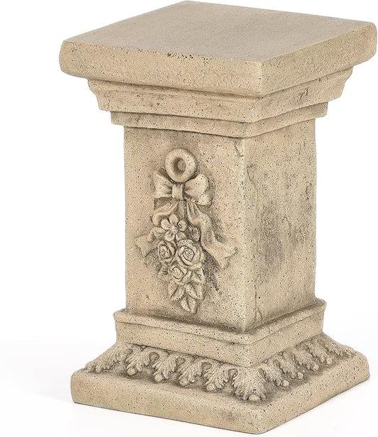 19" Tall Garden Pedestal Stand with Bow Design, Heavy Duty Magnesium Oxide Plinth, Weatherproof Outdoor Pedestal for Sculptures, Flower Pots, Decor – Sturdiness Plinth Base Statue Riser