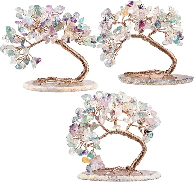 TUMBEELLUWA Reiki Crystal Money Tree with Agate Slice Base Feng Shui Stone Bonsai Tree Figure Decor for Happiness Good Luck and Wealth, Fluorite