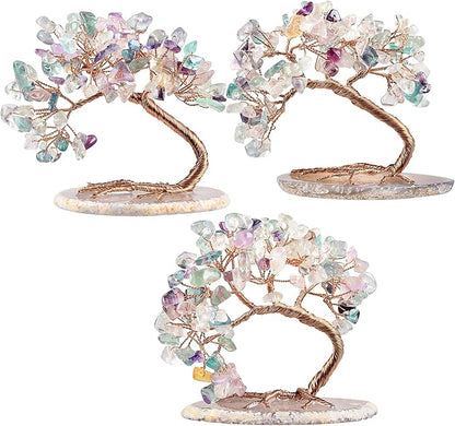 TUMBEELLUWA Reiki Crystal Money Tree with Agate Slice Base Feng Shui Stone Bonsai Tree Figure Decor for Happiness Good Luck and Wealth, Fluorite