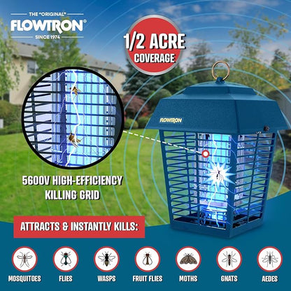 Flowtron Electric Bug Zapper 1/2 Acre Outdoor Insect Control with Dual Lure Method, 15W UV Light & Octenol Attractant for Fly & Mosquito, 5600V Kill Grid, Made in USA, UL Certified - Blue Color