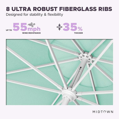 Midtown Umbrellas The Swilt 10 Feet Patio Umbrella in Sunbrella Canvas Glacier Acrylic Fabric - Fiberglass Ribs, Auto-Tilt Aluminum Frame For Backyard, Deck, Garden, Pool - White Pole