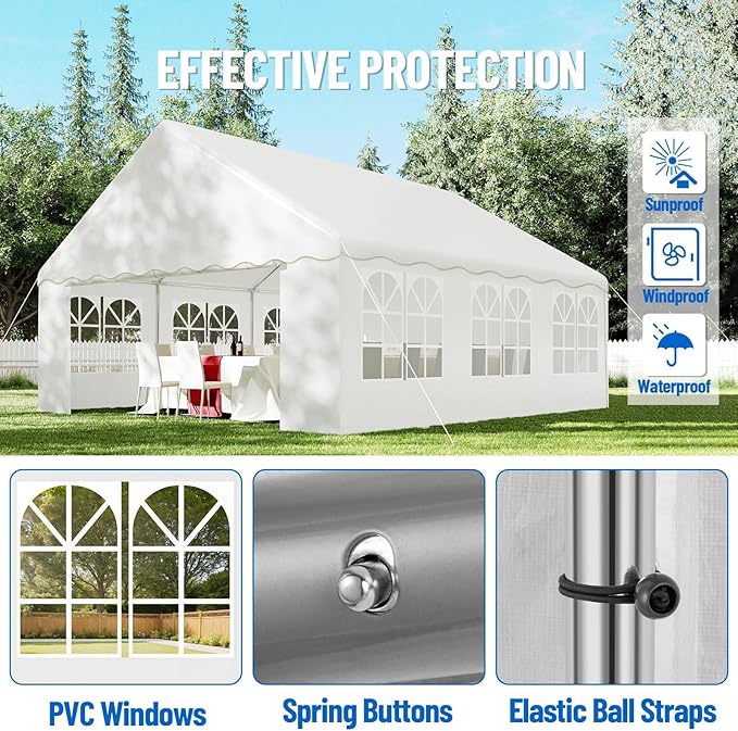 20'X20' Party Tent with Removable Sidewall Windows, Outdoor Heavy Duty Wedding Gazebo, Event Shelter Wedding Canopy Tent for Parties Carport BBQ, White & Wave Edge