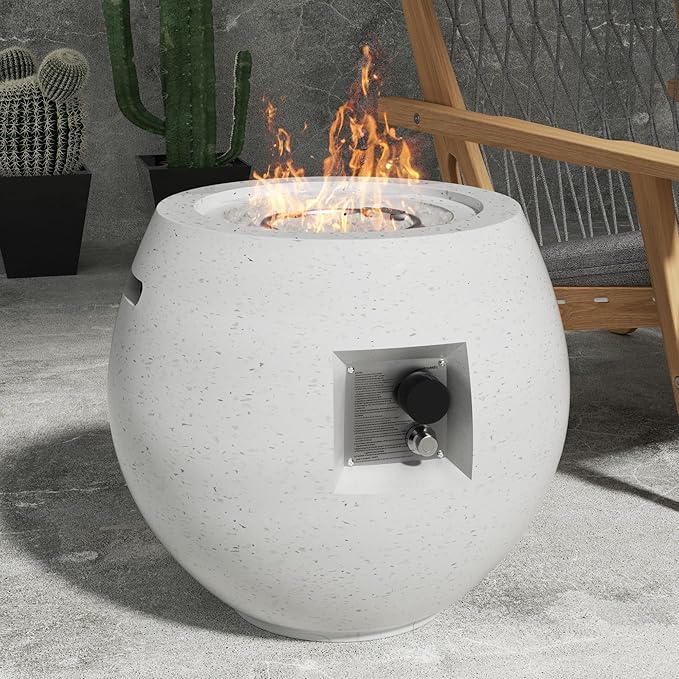 Outdoor Round Propane Fire Pit Table – Premium Terrazzo-Like MgO Finish, Sturdy & Waterproof Gas Fire Table with Glass Wind Guard for Patio, Garden & Backyard, Includes Rain Cover & Glass Beads
