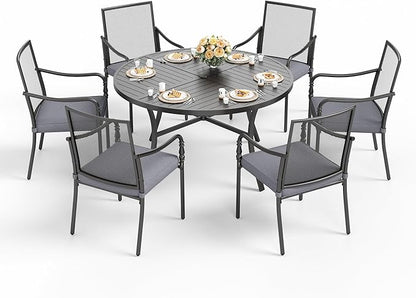 HERA'S HOUSE Patio Table and Chairs Set, 7 Piece Outdoor Dining Set, 6 x Dining Chairs with 54" Round Metal Table for Backyard Garden Lawn Restaurant