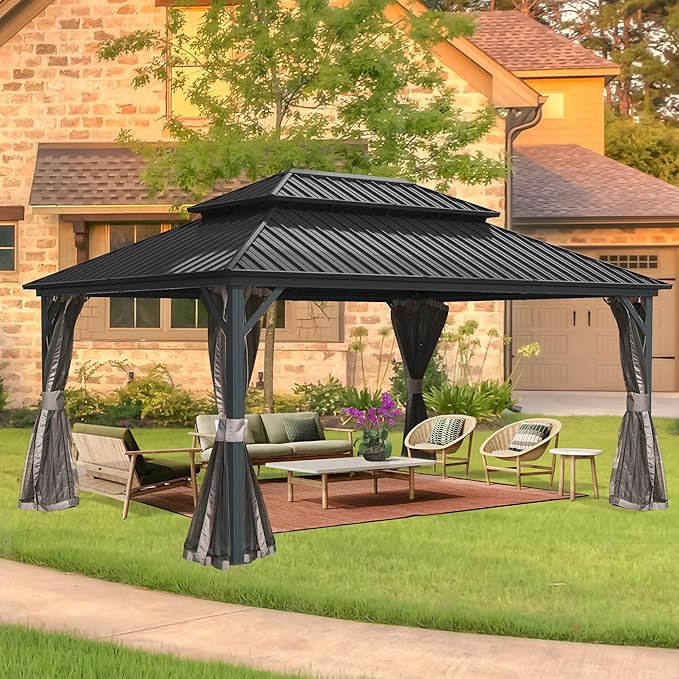Domi Hardtop Gazebo 12x16FT, Aluminum Outdoor Gazebo with Galvanized Steel Double Roof Canopy, Curtains and Netting Included, Metal Gazebo Permanent Pavilion for Patio, Lawn, Garden, Gray