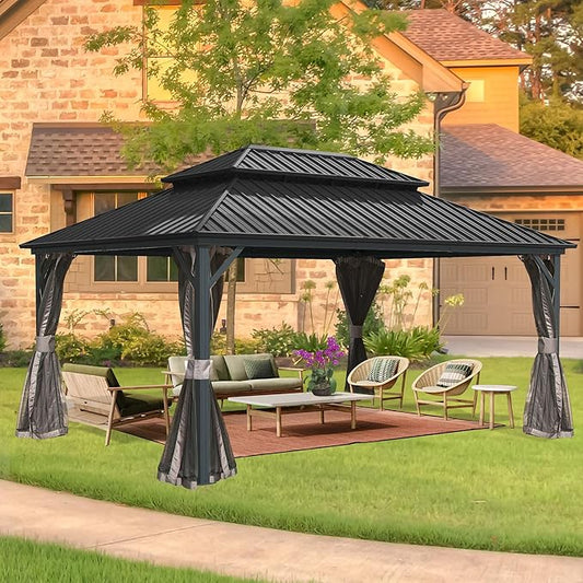 Domi Hardtop Gazebo 12x16FT, Aluminum Outdoor Gazebo with Galvanized Steel Double Roof Canopy, Curtains and Netting Included, Metal Gazebo Permanent Pavilion for Patio, Lawn, Garden, Gray