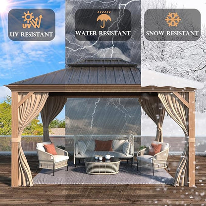 MELLCOM 10'x12' Hardtop Gazebo, Wooden Finish Coated Aluminum Frame Canopy with Galvanized Steel Roof, Outdoor Metal Gazebos with Curtains and Nettings for Patio, Backyard, Deck and Lawns
