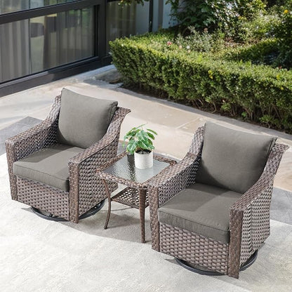 Outdoor Patio Table and Chairs Set - 3 Piece Outside Wicker Conversation Bistro Dining Furniture Sets with Glide Rocking Swivel Chair and Glass Top End Tables for Front Porch Balcony Yard – Brown/Grey