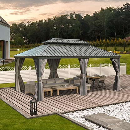 Domi 12'x18' Hardtop Gazebo Canopy Metal,Outdoor Aluminum Gazebo with Galvanized Steel Double Roof,Permanent Gazebo Pavilion for Patio Deck Backyard,Curtain and Netting,Grey