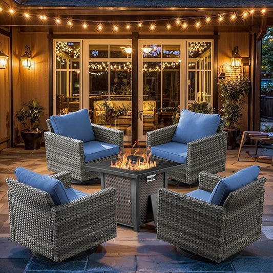Wicker Outdoor Swivel Chairs Set of 4 with Fire Pit Table, 5 Pieces Patio Furniture Set with Fire Pit Table for Yard, Deck, Garden, Grey/Blue
