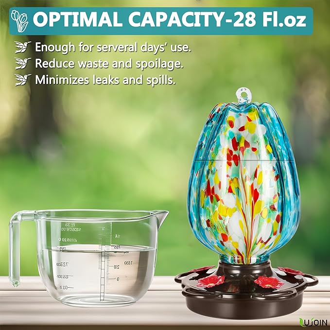 Tulip Shaped Hummingbird Feeder for Outdoors, Hand Blown Glass, 28 fl.oz, Leak Proof & Rustproof, Includes an Ant Moat, Metal Cover with 5 Feeding Ports & 5 Perches, Blue