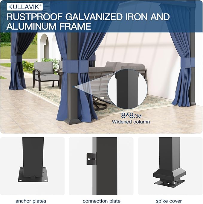 Kullavik 10' × 14' Hardtop Gazebo for Patio,Wall-Mounted Lean to Gazebo Pergola with Sloping Roof and Durable Aluminum Frame,Large Heavy Duty Awnings for Decks,Backyard,NavyBlue