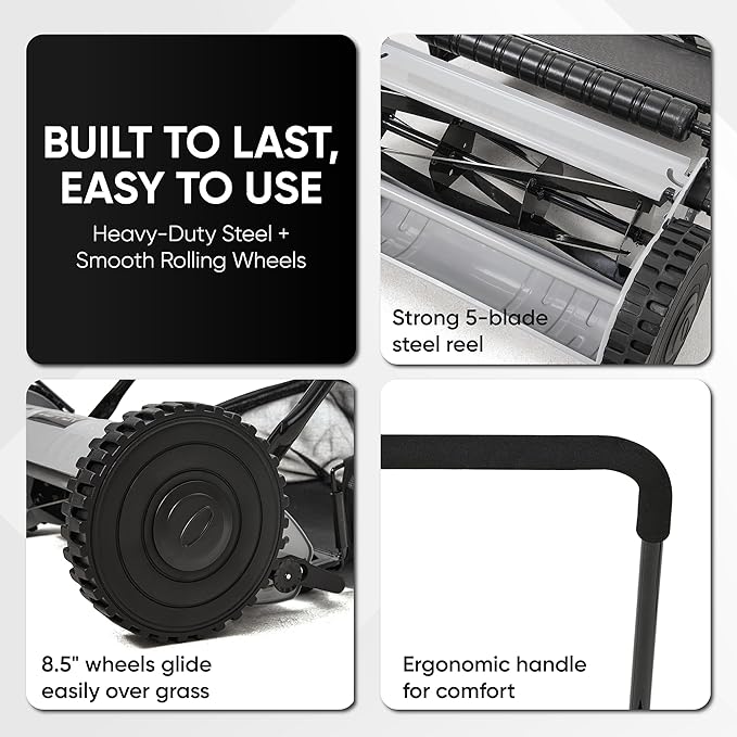 16" Push Reel Lawn Mower with Grass Catcher – Manual 5-Blade Hand Mower, Adjustable 3-Position Cutting Height (0.5"–1.75"), Lightweight & Eco-Friendly – 1-Year Warranty