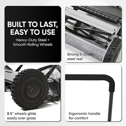 16" Push Reel Lawn Mower with Grass Catcher – Manual 5-Blade Hand Mower, Adjustable 3-Position Cutting Height (0.5"–1.75"), Lightweight & Eco-Friendly – 1-Year Warranty