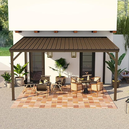 Domi 10’x14’ Wall-Mounted Hardtop Gazebo Pergola – Permanent Lean-to Outdoor Shelter with Sloped Galvanized Steel Roof & Upgraded Drainage – Grey Metal Patio Cover for Backyard, Deck, Garden, Brown
