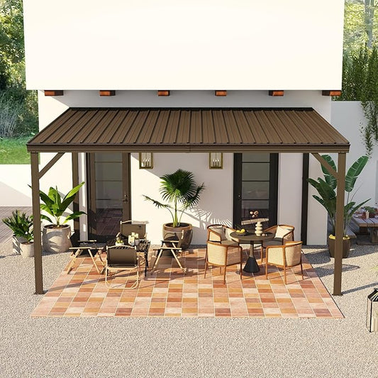 Domi 10’x14’ Wall-Mounted Hardtop Gazebo Pergola – Permanent Lean-to Outdoor Shelter with Sloped Galvanized Steel Roof & Upgraded Drainage – Grey Metal Patio Cover for Backyard, Deck, Garden, Brown
